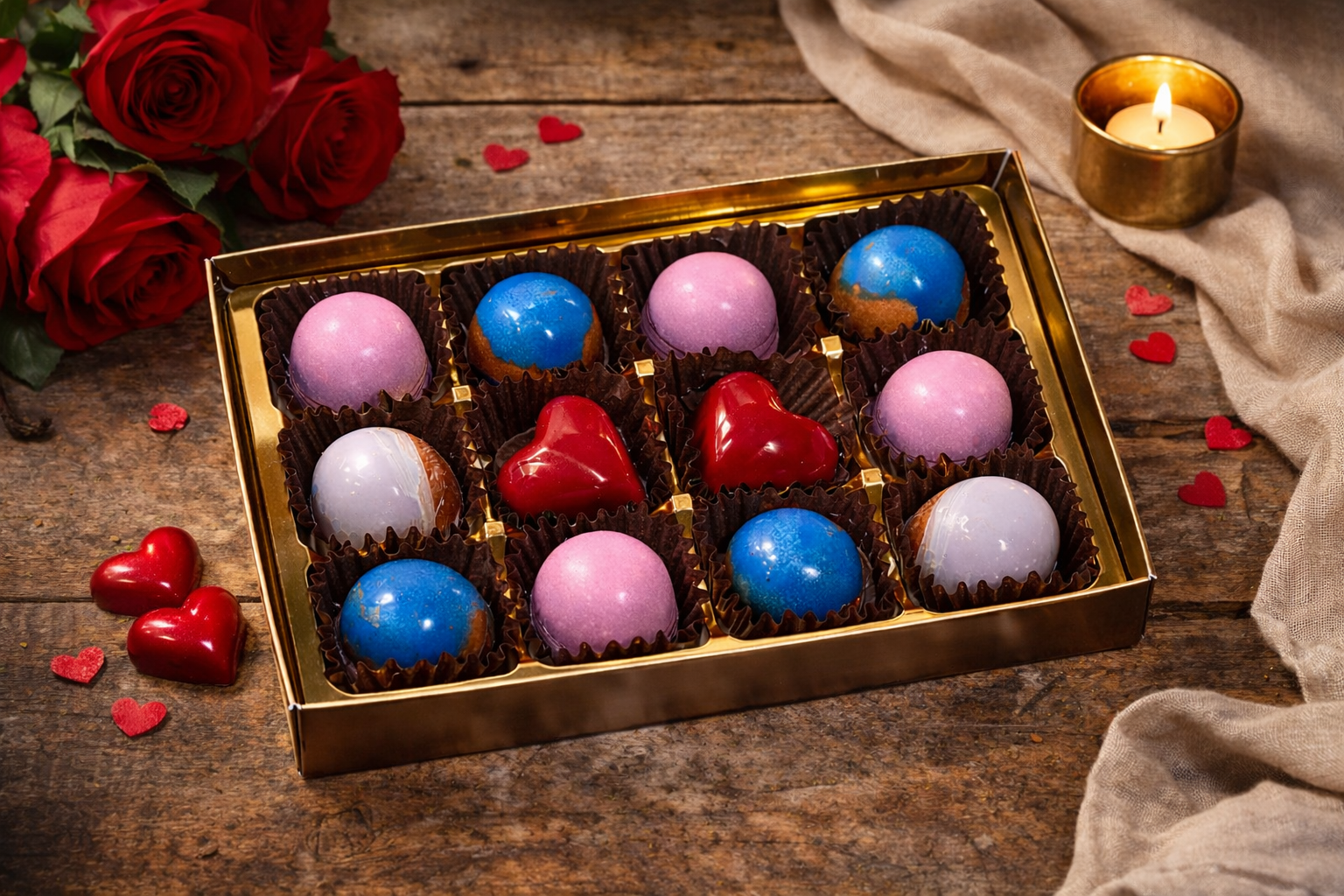 AI-enhanced Valentine's Day image featuring Laura with OzMo hand-painted chocolates.