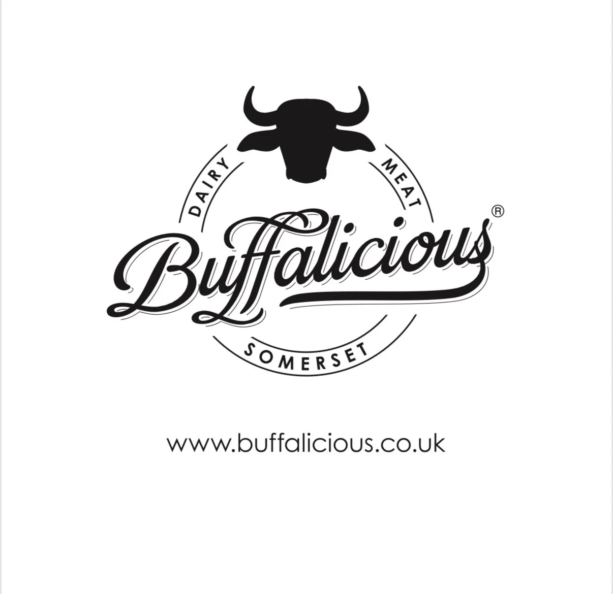 Black and white logo with a dairy cow's head above the word 'Buffalicious' in cursive, surrounded by circles with words 'Dairy', 'Meat', and 'Somerset', and the website 'www.buffalicious.co.uk'.