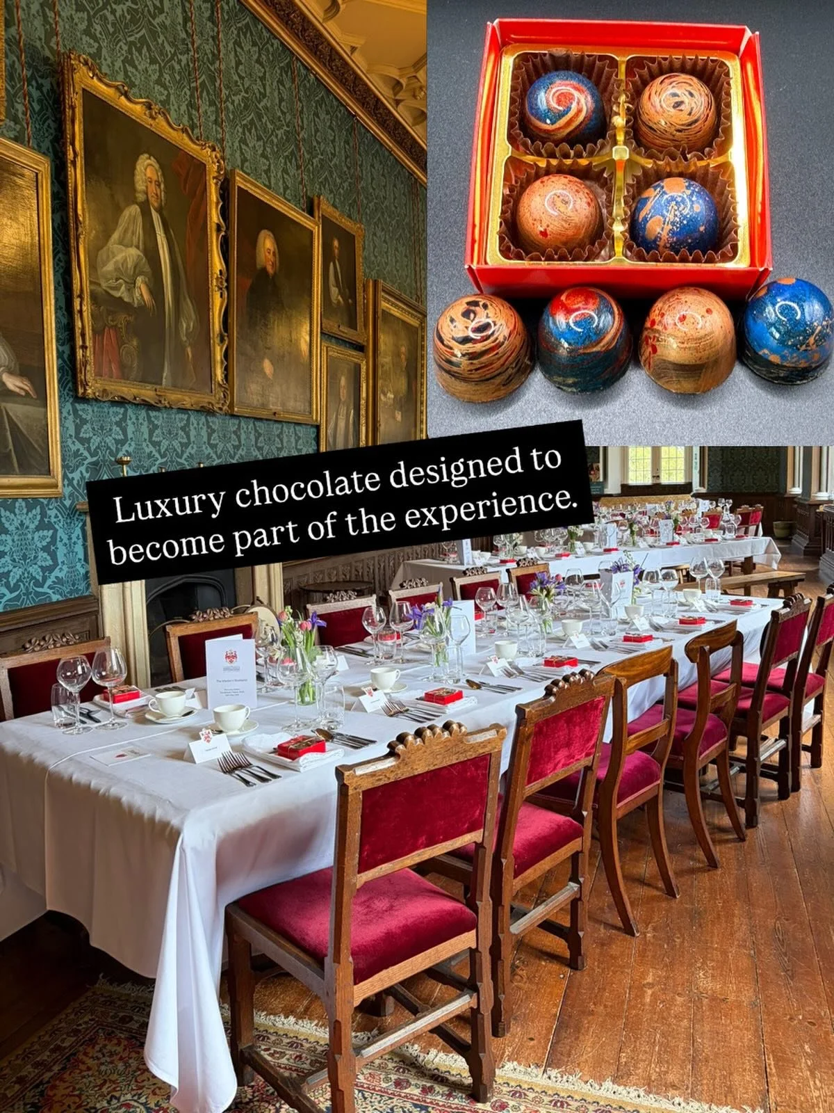 I love when chocolates become part of the atmosphere of an event rather than simply something served at the end of a meal.

These bespoke four-chocolate boxes were created for a 40-seat London livery dinner, with every bonbon hand painted to reflect 