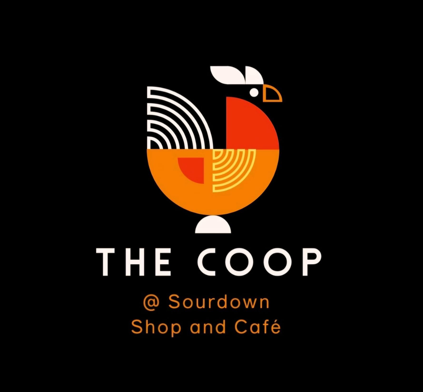 Logo for Sourdown Farm , featuring a stylized chicken with geometric shapes and colorful sections, with text '@ Sourdow Shop and Café' below.