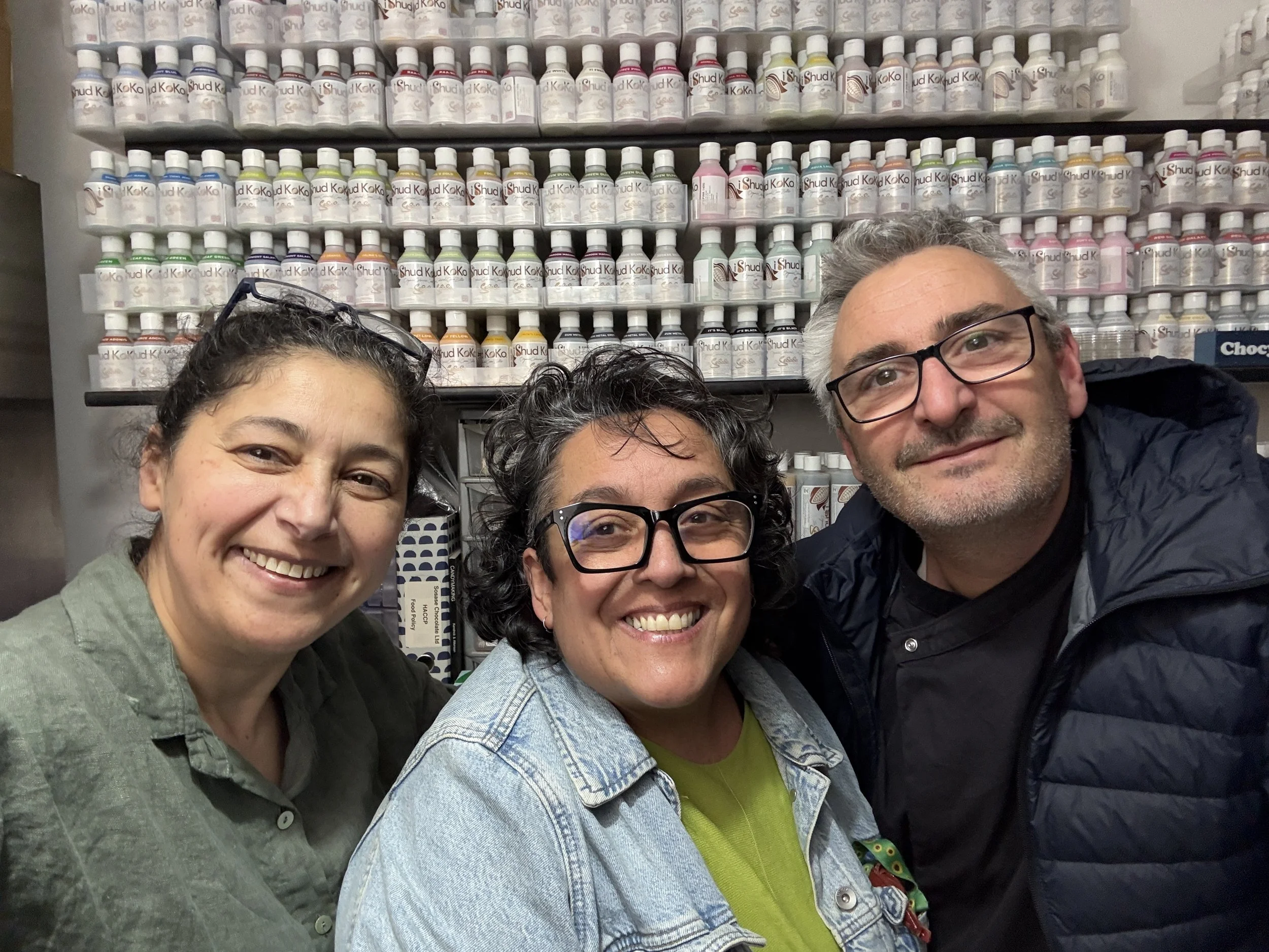 Laura with James Parsons and his wife from SoSaSe Chocolat during her chocolatier training.