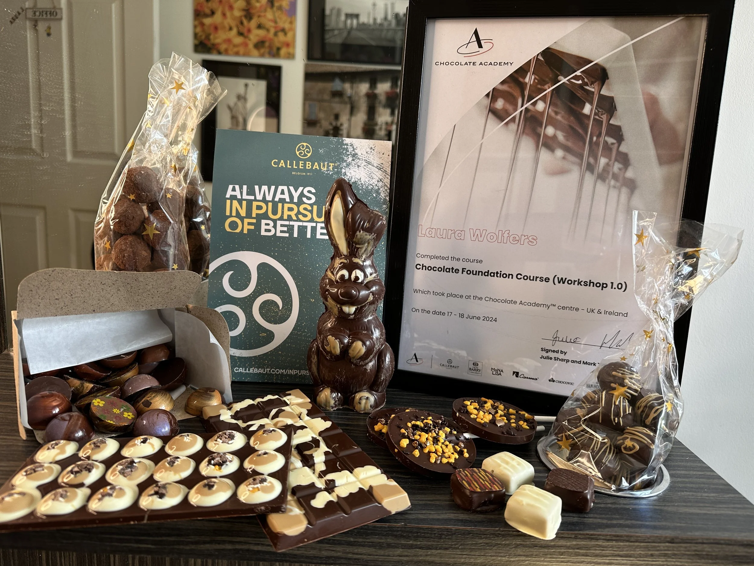 Assorted chocolates made by Laura during her professional chocolatier training course.