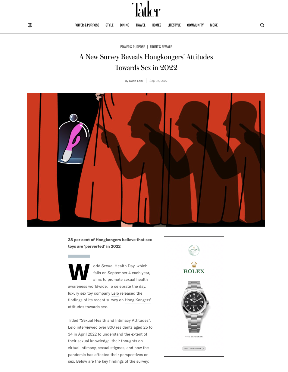 Tatler Asia feature on LELO sexual health attitudes research and findings