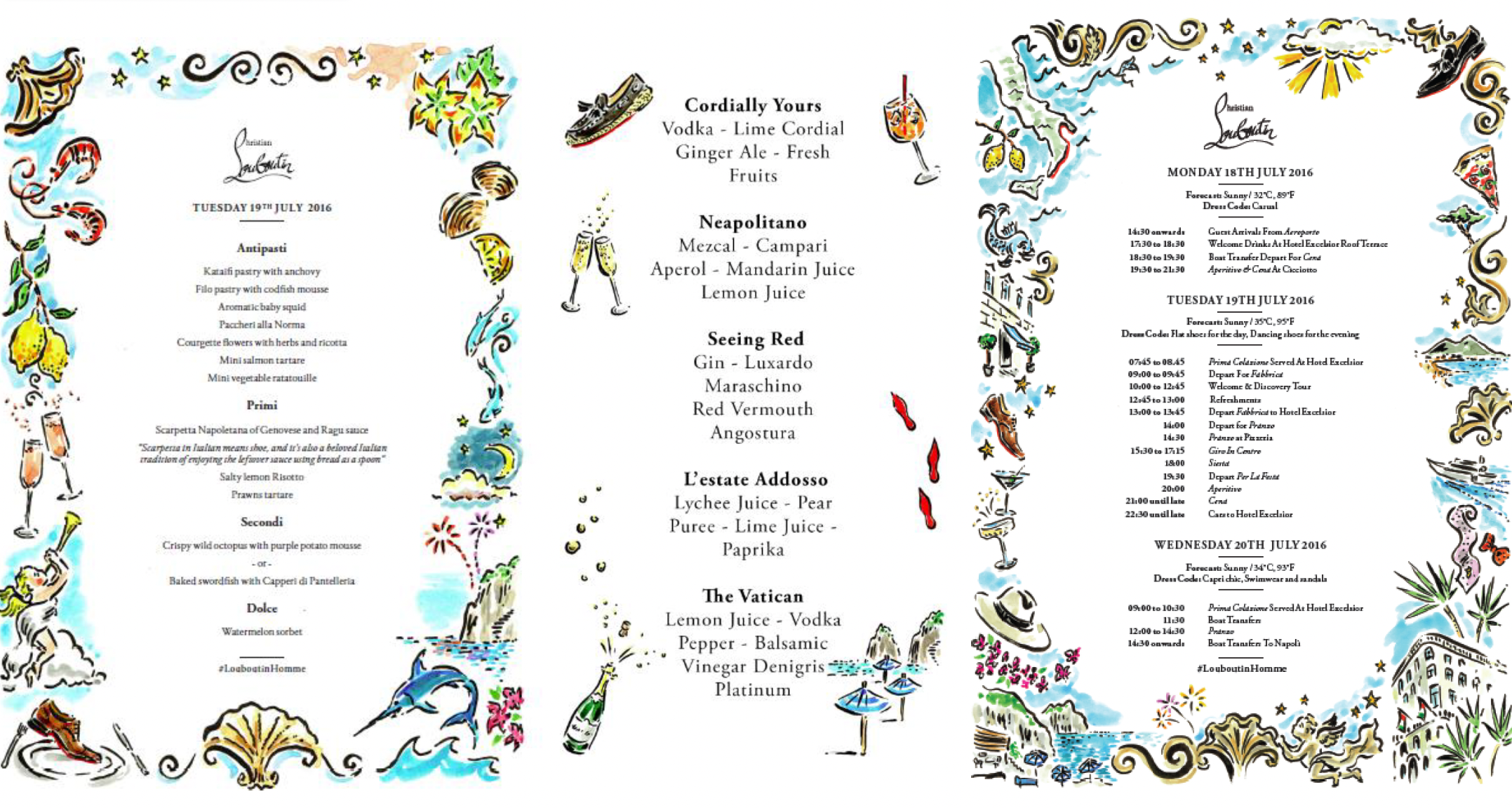 Custom visual identity and illustrations by Clym Evernden for Christian Louboutin Naples press trip