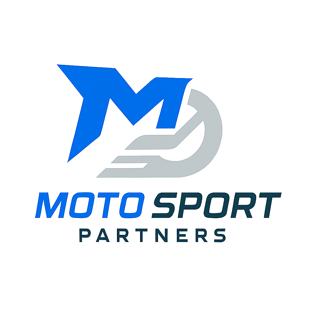 Logo featuring a blue and gray stylized motorcycle and gear, with text 'MOTO SPORT PARTNERS' beneath.
