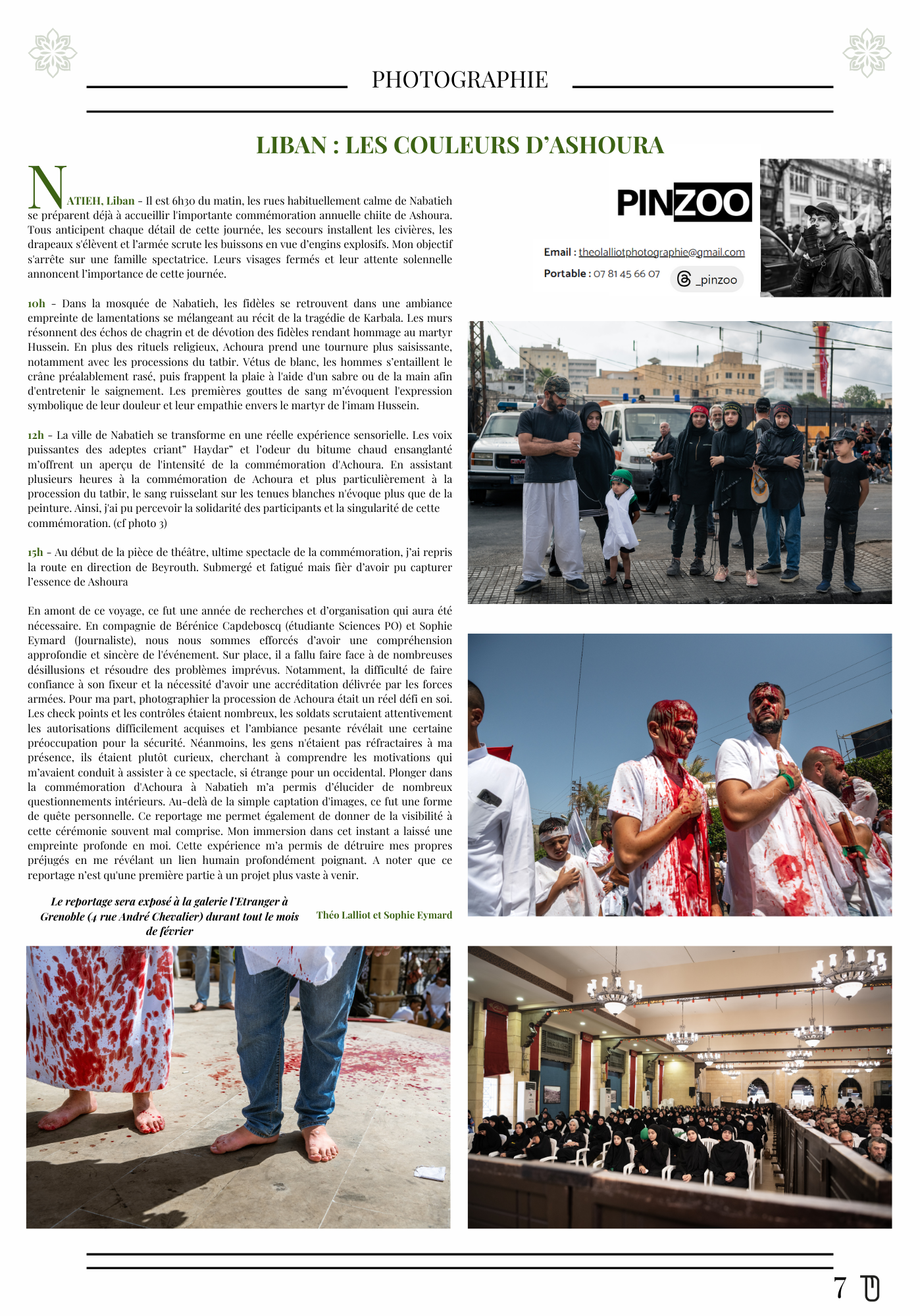Page de magazine avec texte en français sur le Liban et des photos illustrant des événements culturels ou religieux, y compris un groupe de personnes religieux, une procession et une salle de conférence avec de nombreuses personnes assises.