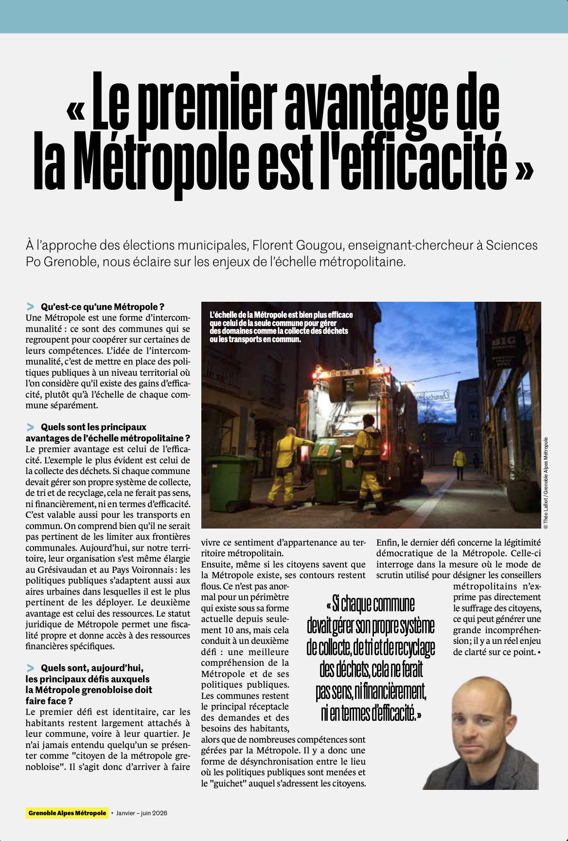 Page d'un magazine avec un titre en gras : "Le premier avantage de la Métropole est l'efficacité". Image d'une camionnette de collecte des déchets dans une rue urbaine au crépuscule. Texte en français expliquant la métropole, la collecte des déchets 