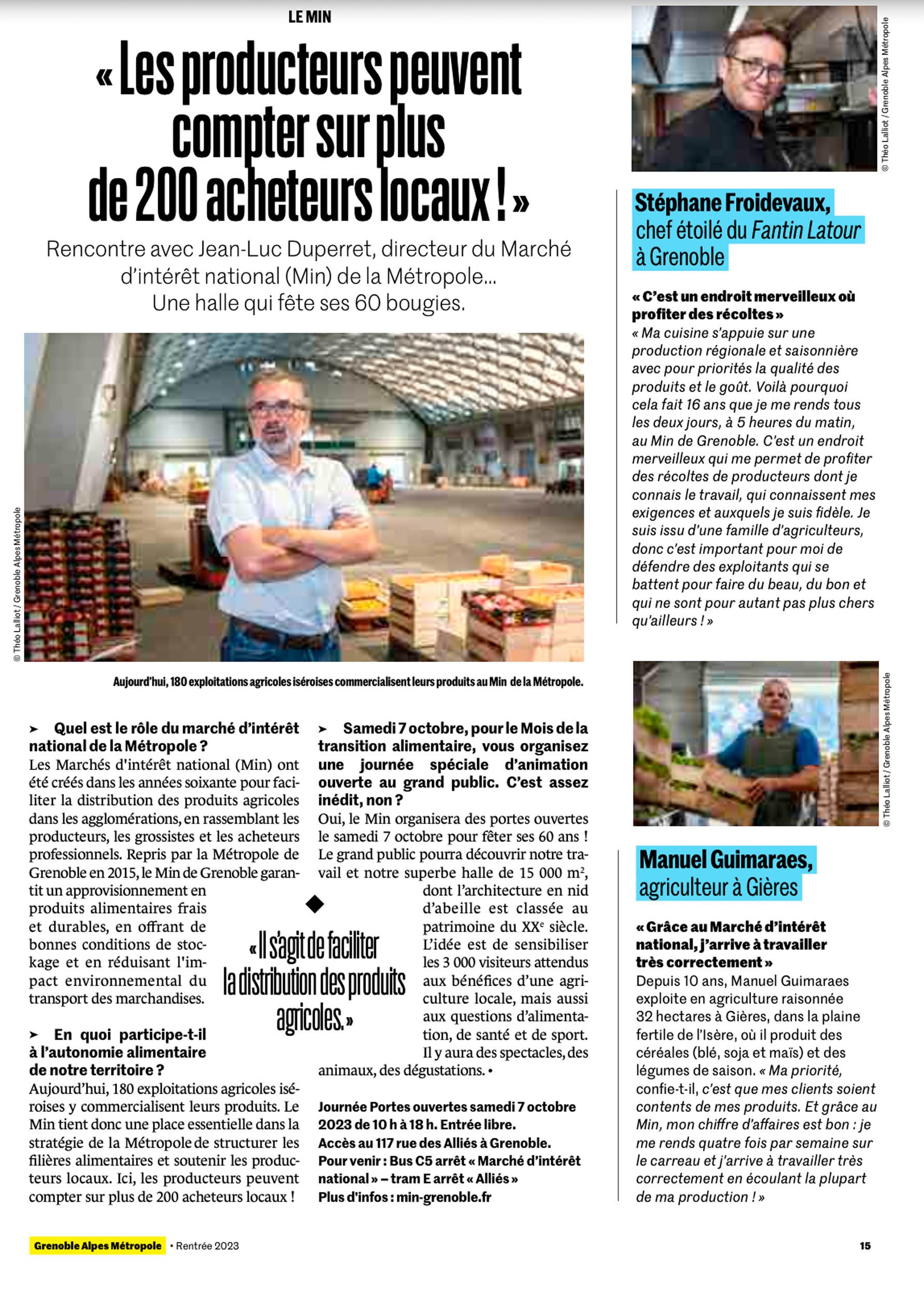 Page de magazine présentant deux portraits : un homme dans une salle de marché et un autre avec une tarte. Texte relatif à des producteurs locaux, un marché d'intérêt national et des événements agricoles en Rhône-Alpes.