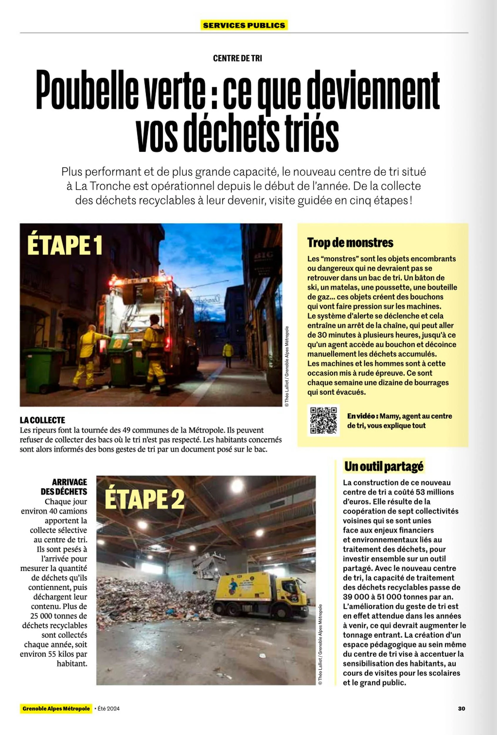 Page d'information sur la gestion des déchets recyclables à La Tronche, avec deux images de centres de tri: une photo de personnes en gilets jaunes avec un camion de collecte de déchets dans une rue en soirée, et une image d'un centre de tri intérieu