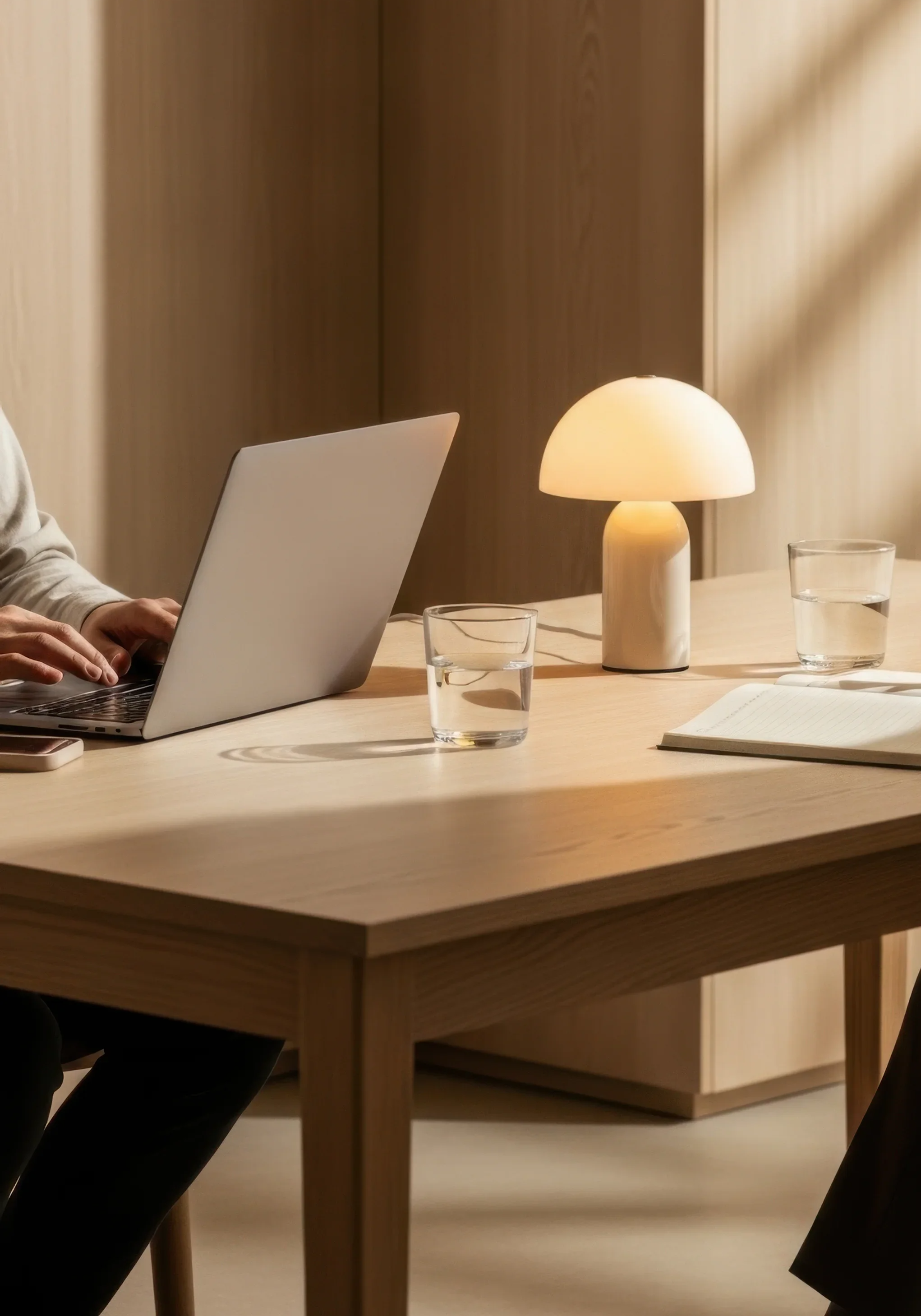 A wooden desk with a white lamp, two glasses of water, a notebook, and a person using a laptop.