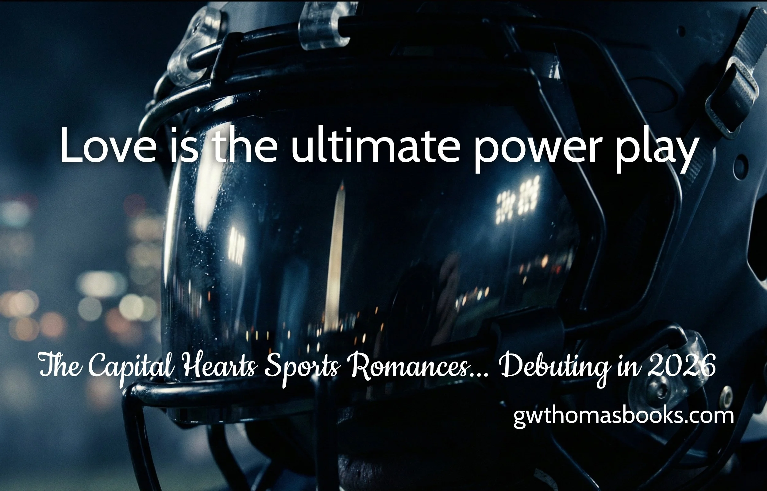 Close-up of an American football helmet reflecting the Washington Monument.