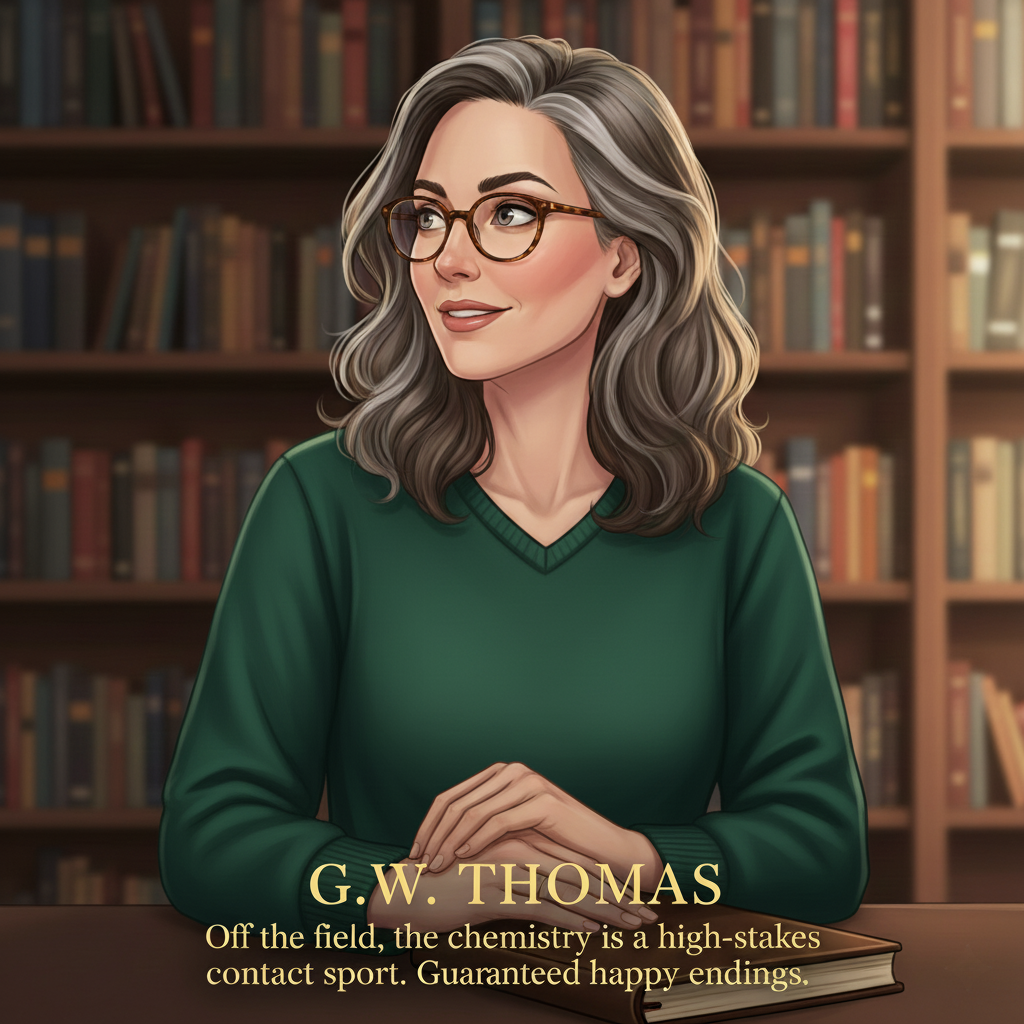 A woman with gray curly hair and glasses, wearing a green sweater, sitting in front of a bookshelf with a book on the table in front of her.