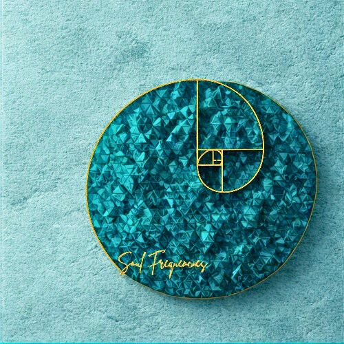 Decorative wall art featuring the Fibonacci spiral design in gold lines on a textured teal background.