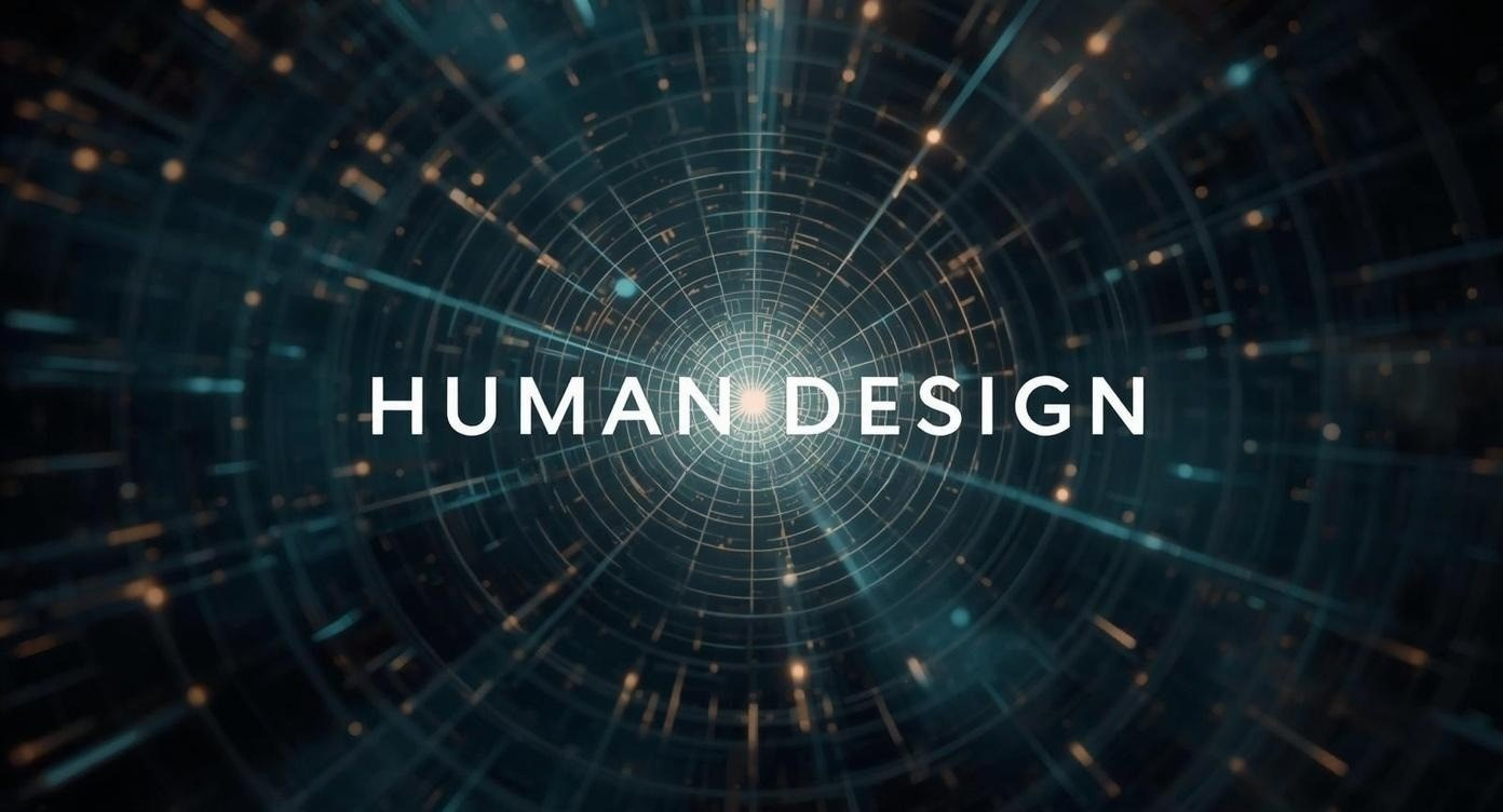 Futuristic digital tunnel with glowing grid lines and points of light, with the words 'Human Design' in the center.