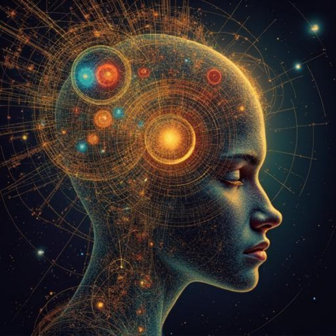 Digital illustration of a human profile with a glowing brain and neural network patterns in the head, set against a cosmic background.