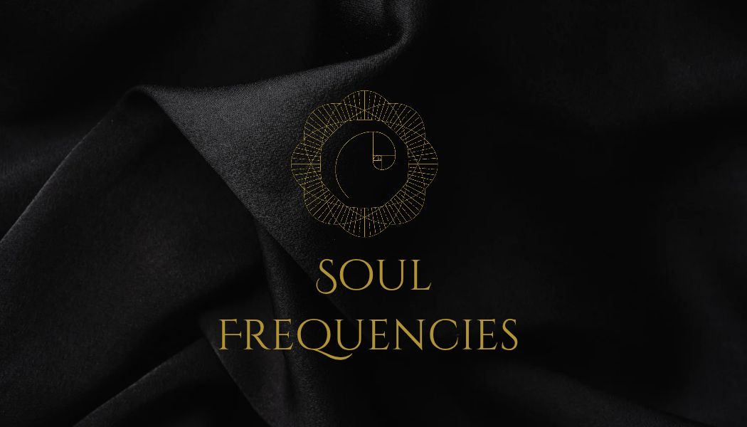 Black fabric with gold geometric logo and the words 'Soul Frequencies' in gold text.