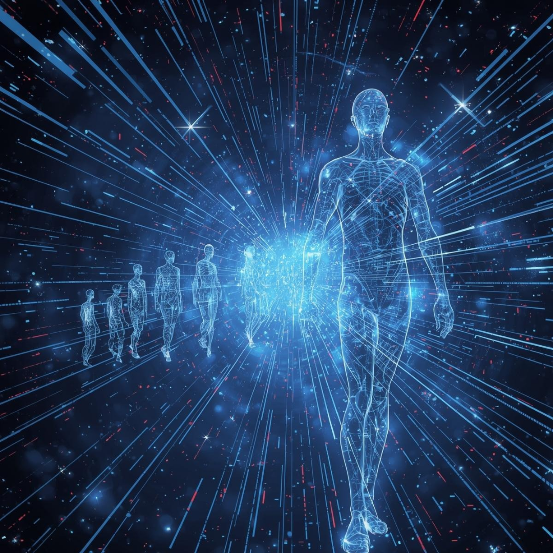 Illustration of human figures, appearing as digital blue outlines, walking through a futuristic, starry space with lines emanating outward, representing progress or evolution.