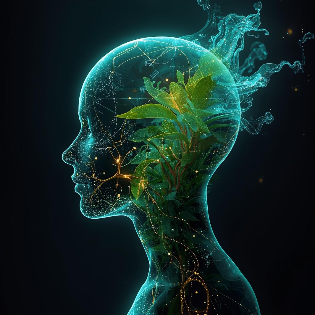 Digital illustration of a human head and neck profile with plant and leaf imagery inside, glowing lines and interconnected nodes representing brain activity and connection.