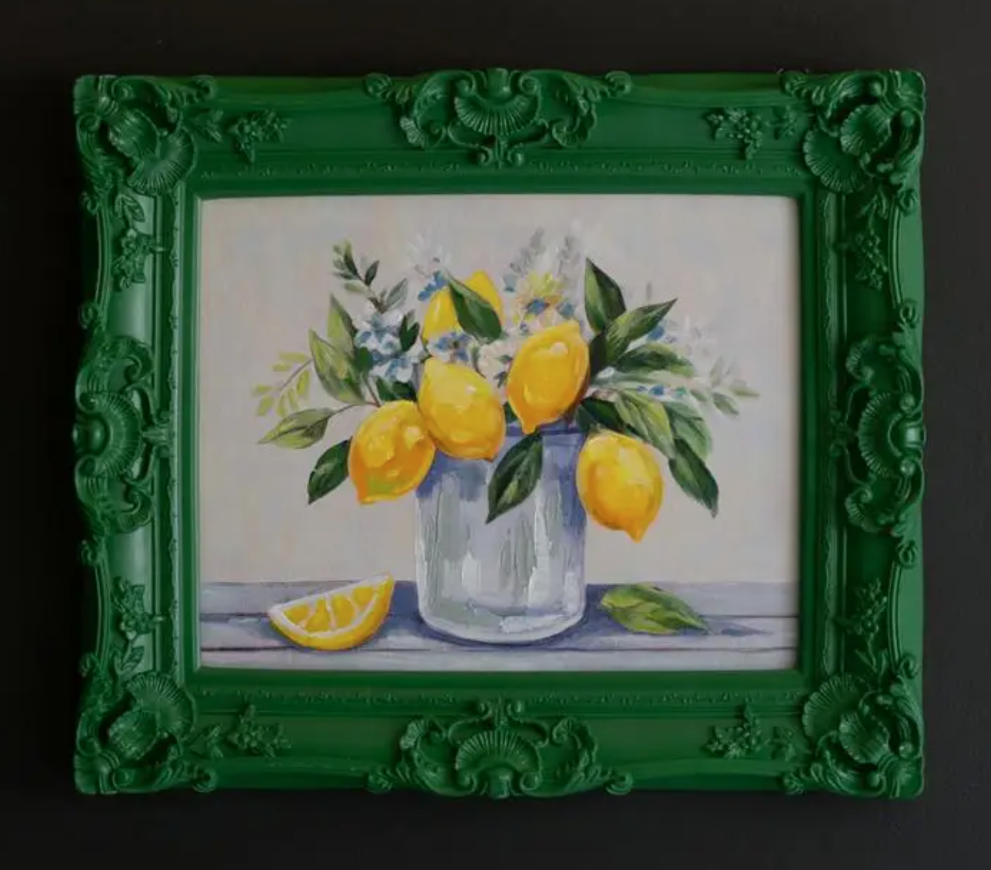 Dark Green Framed Acrylic Painting-Lemons
