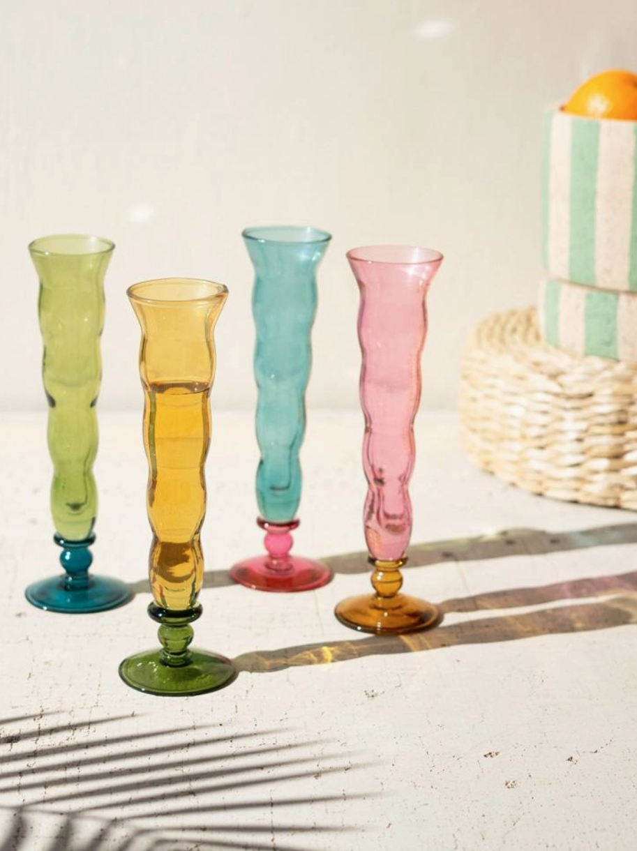 Set of Four Wavy Trumpet Champagne Glasses - One Each Color