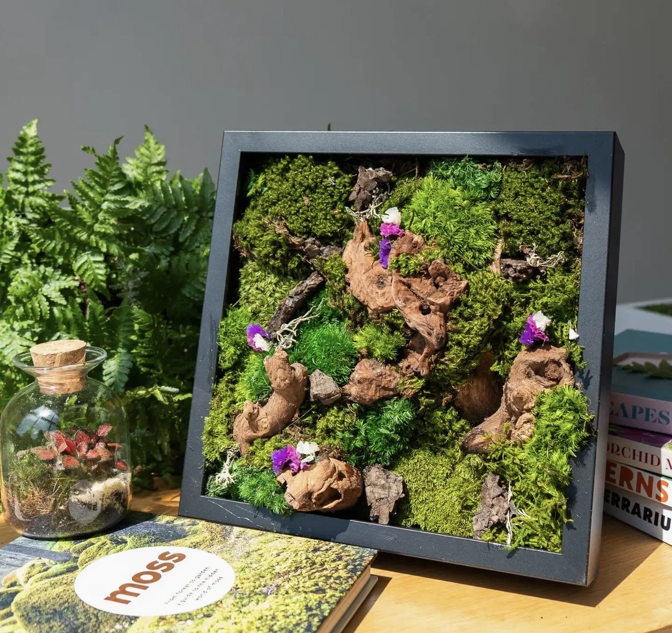 A framed green moss and plant arrangement on a table, with a small glass jar with plants and a cork lid beside it, and a books on moss and plants in the foreground.