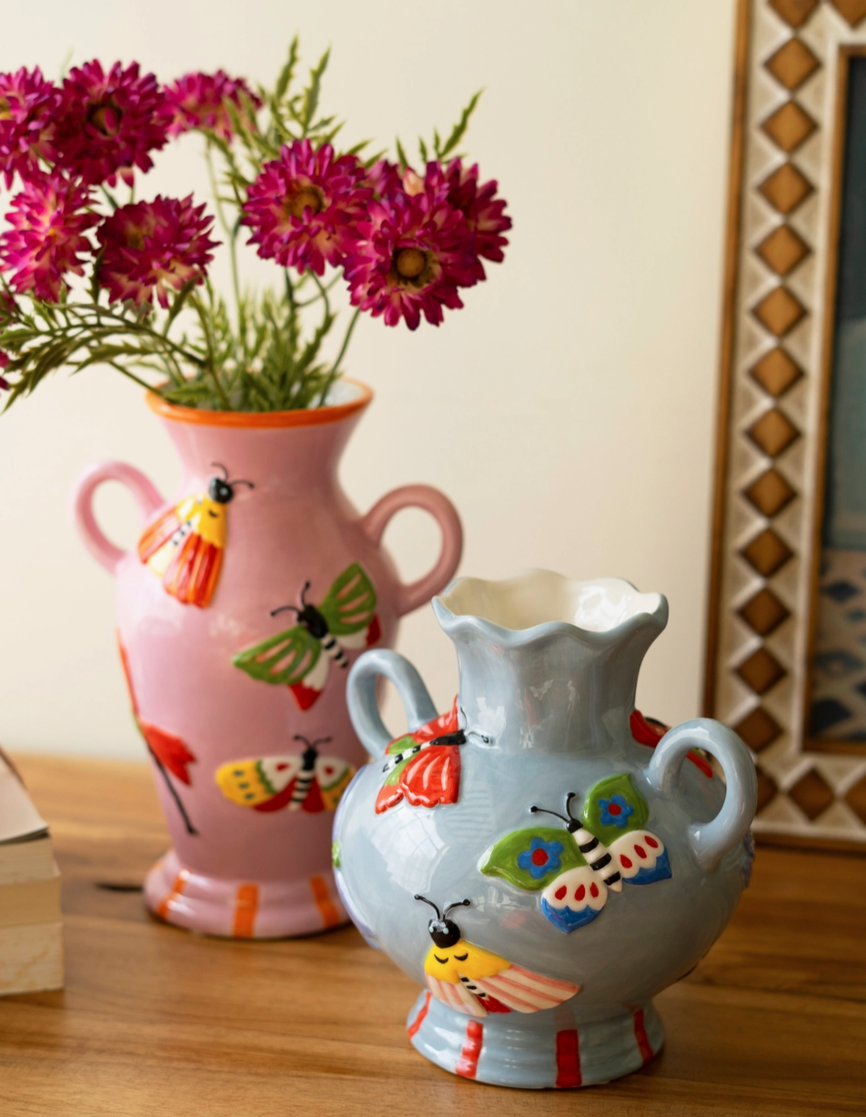Set of Two Ceramic Butterfly and Moth Vases