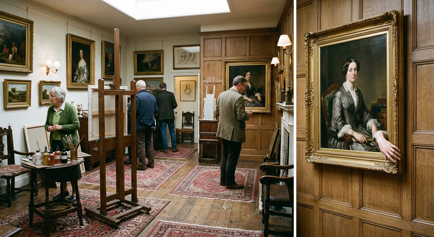 A beautiful, apparently traditional art gallery or studio scene that, on closer inspection, contains one subtly impossible element.