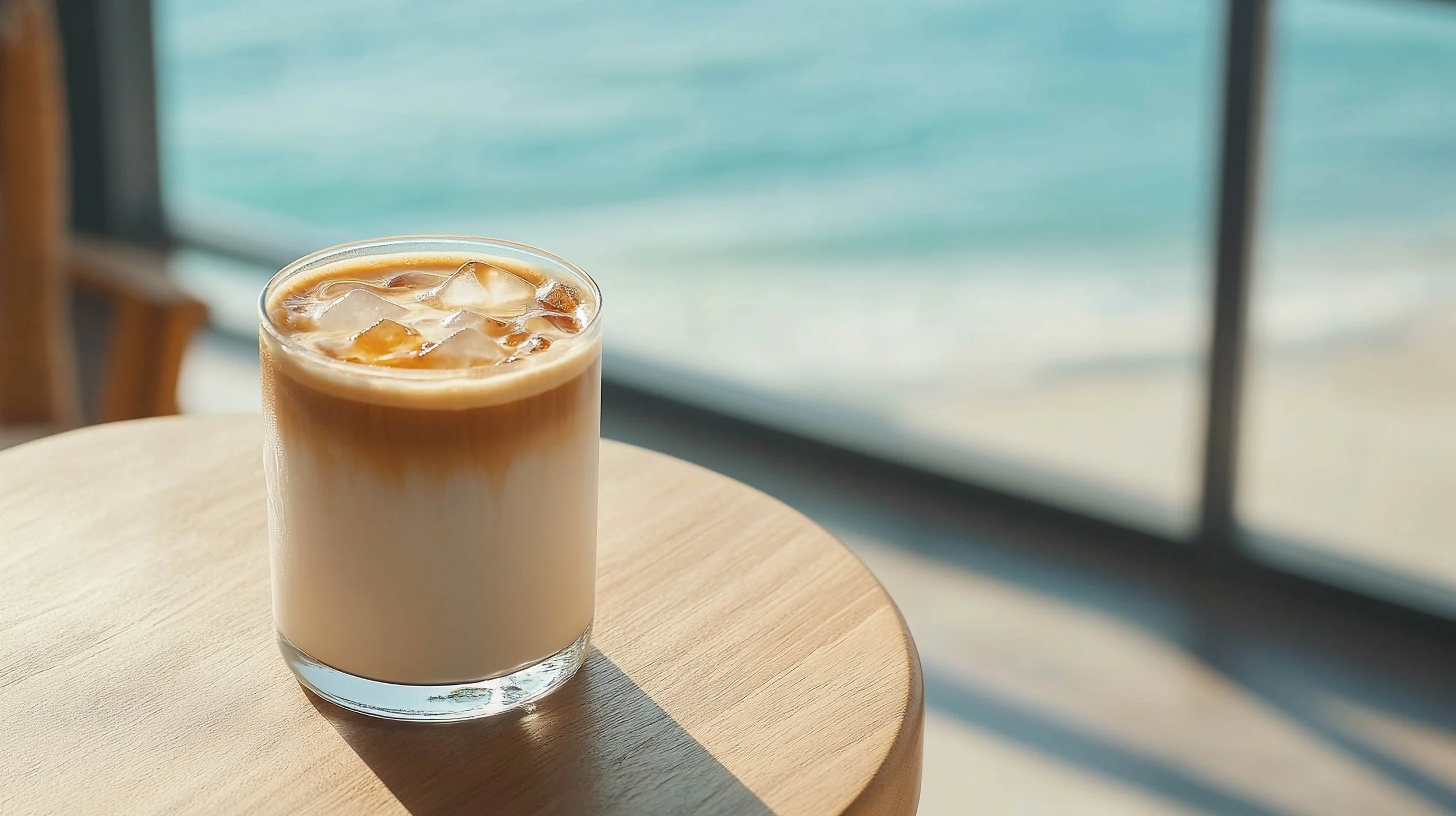 iced chai on a table beside the ocean