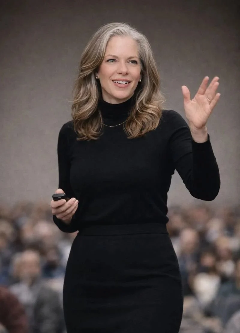 Dr. Julie Payne-Kirchmeier, with blonde wavy hair, wearing a black turtleneck and a black skirt, speaking in front of a large audience, gesturing with her right hand.