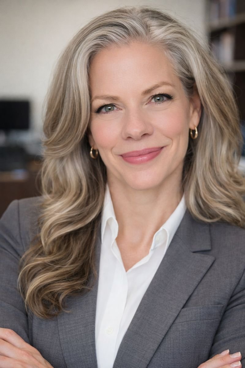 Dr. Julie Payne-Kirchmeier, looking at camera with long blonde wavy hair, green eyes, and wearing a gray blazer and white blouse, smiling in an office setting.