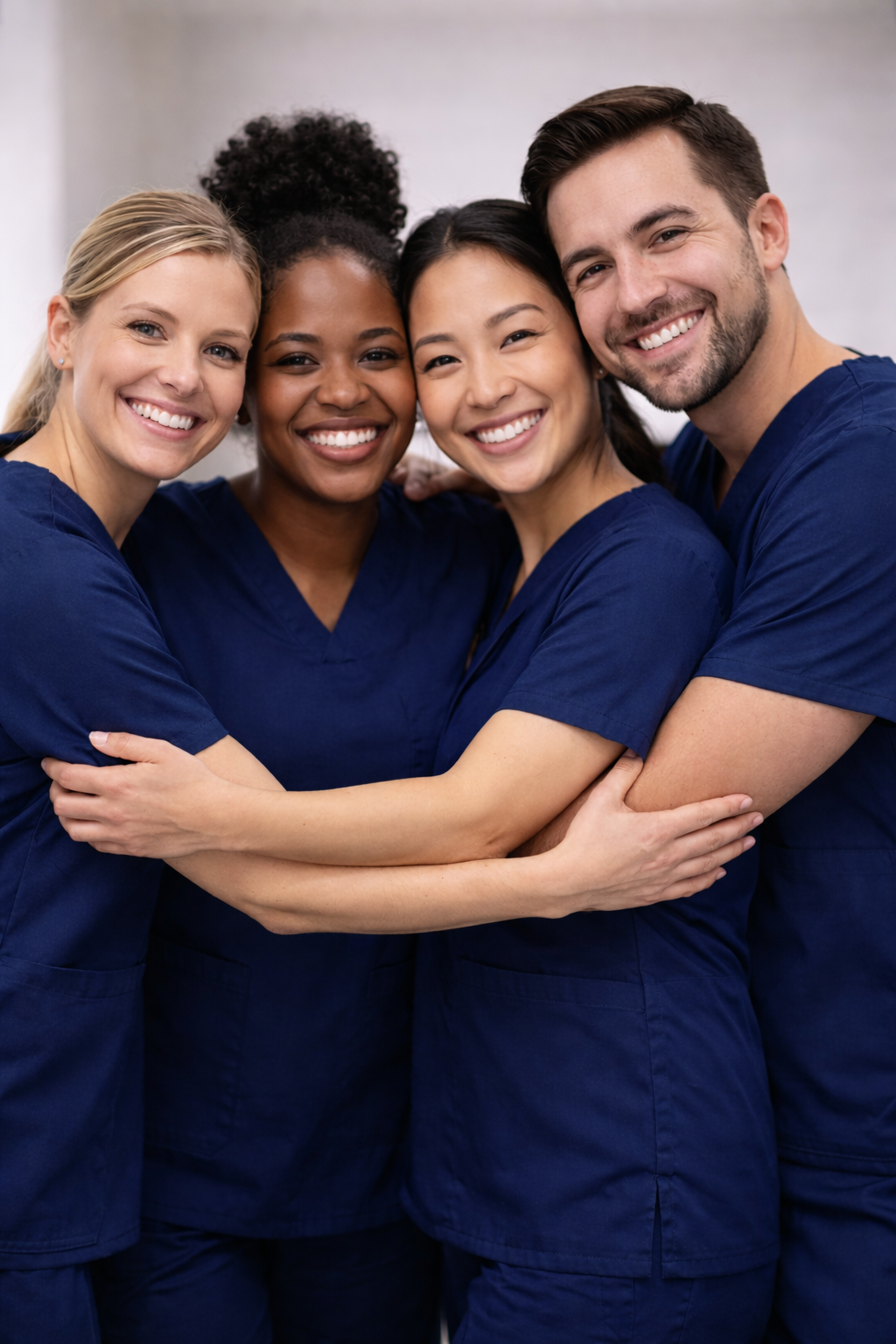 Group of four healthcare professionals in blue scrubs standing close together and smiling at the camera in a medical setting.