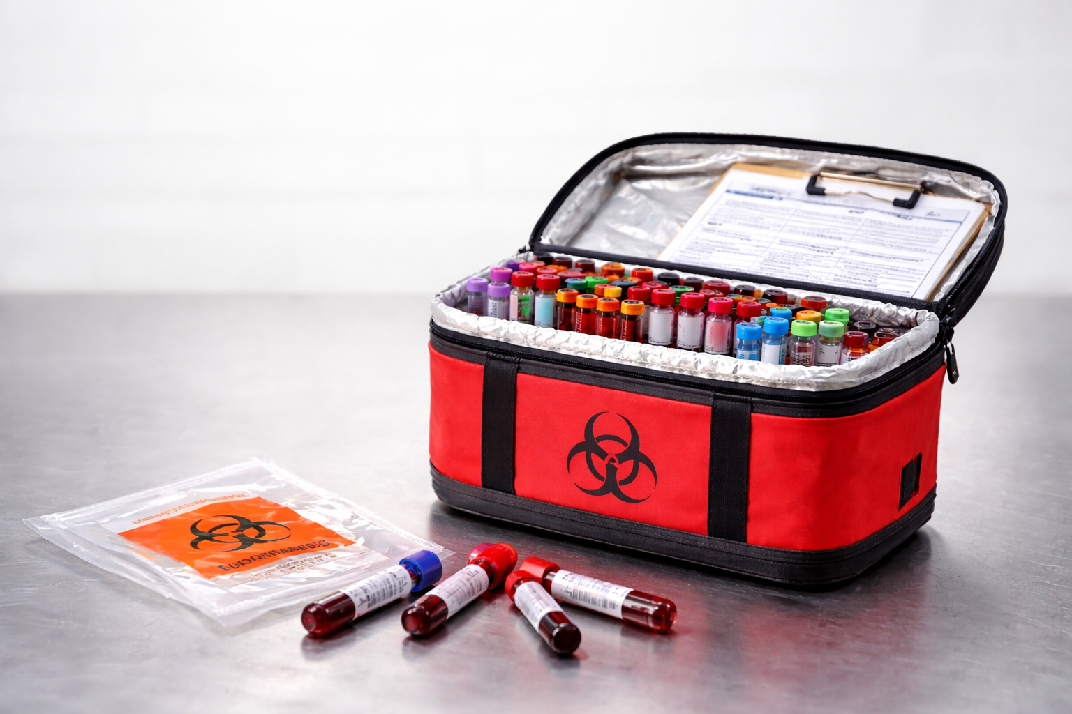 Medical blood sample collection kit with blood vials, biohazard bag, and paperwork on a metallic surface.