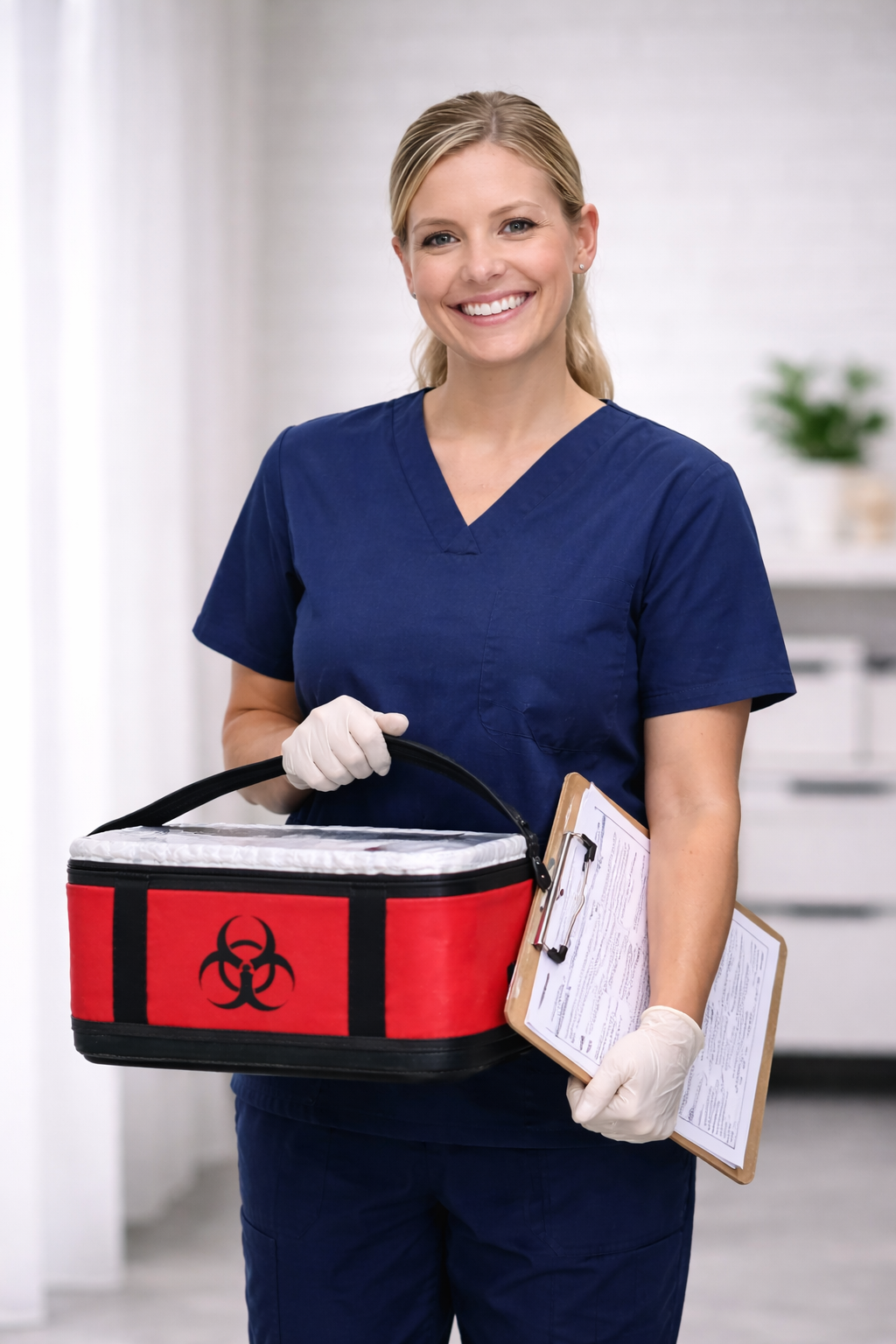A healthcare professional in navy scrubs holding a biohazard medical supply container and a clipboard with papers.