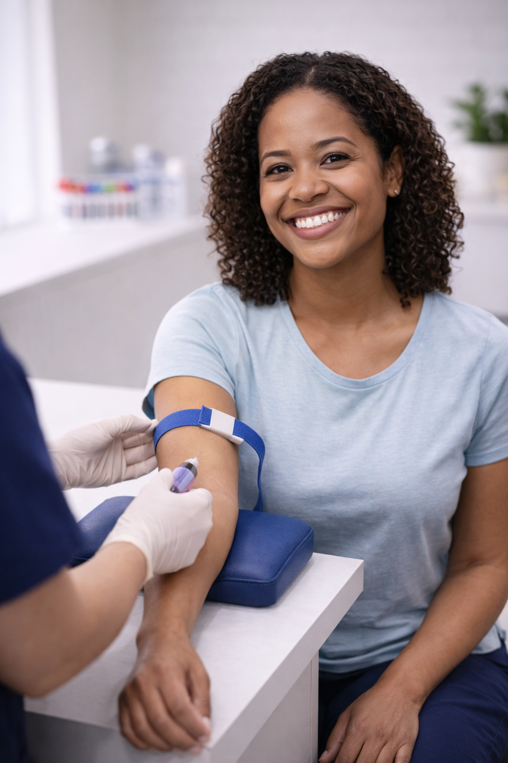 A woman is sitting and smiling as a healthcare professional prepares to draw blood from her arm using a syringe. The woman is wearing a light blue t-shirt and has curly hair.