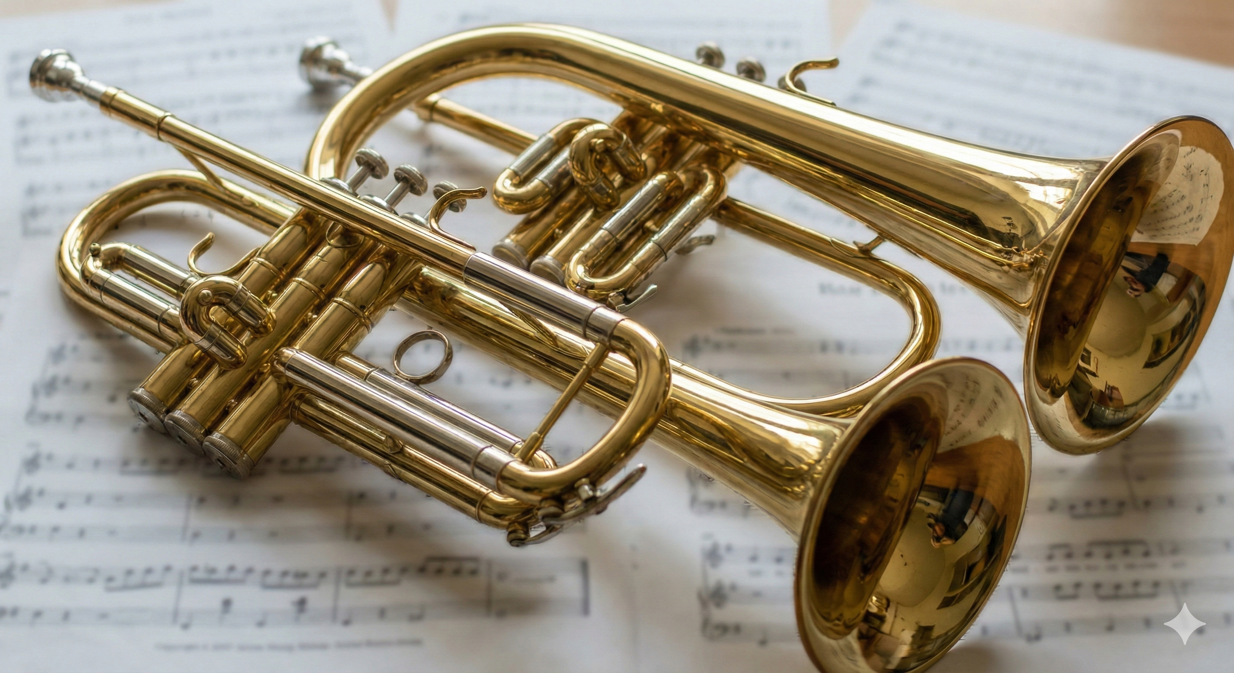 Eine goldene Trompete liegt auf Notenblättern.