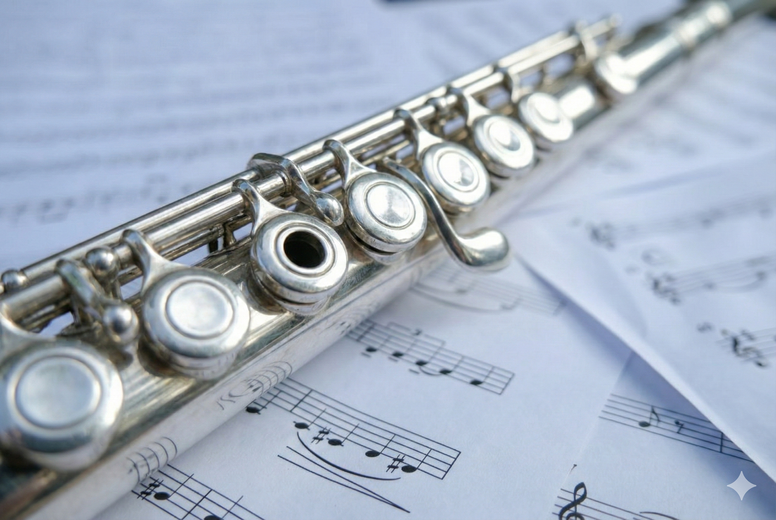 Eine silberne Querflöte liegt auf Notenblättern mit Musiknoten.