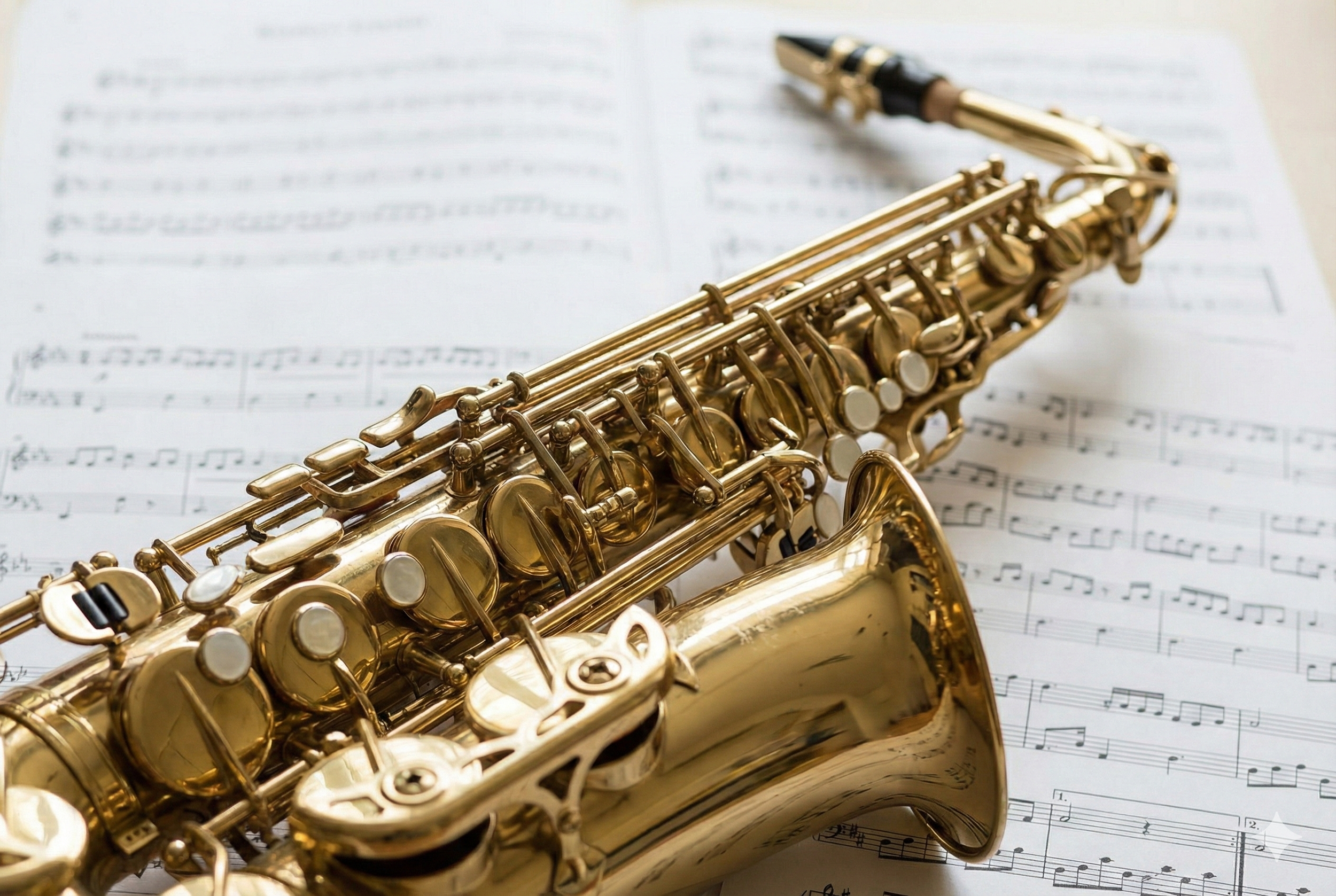 Eine goldene Querflöte liegt auf einem Notenblatt.