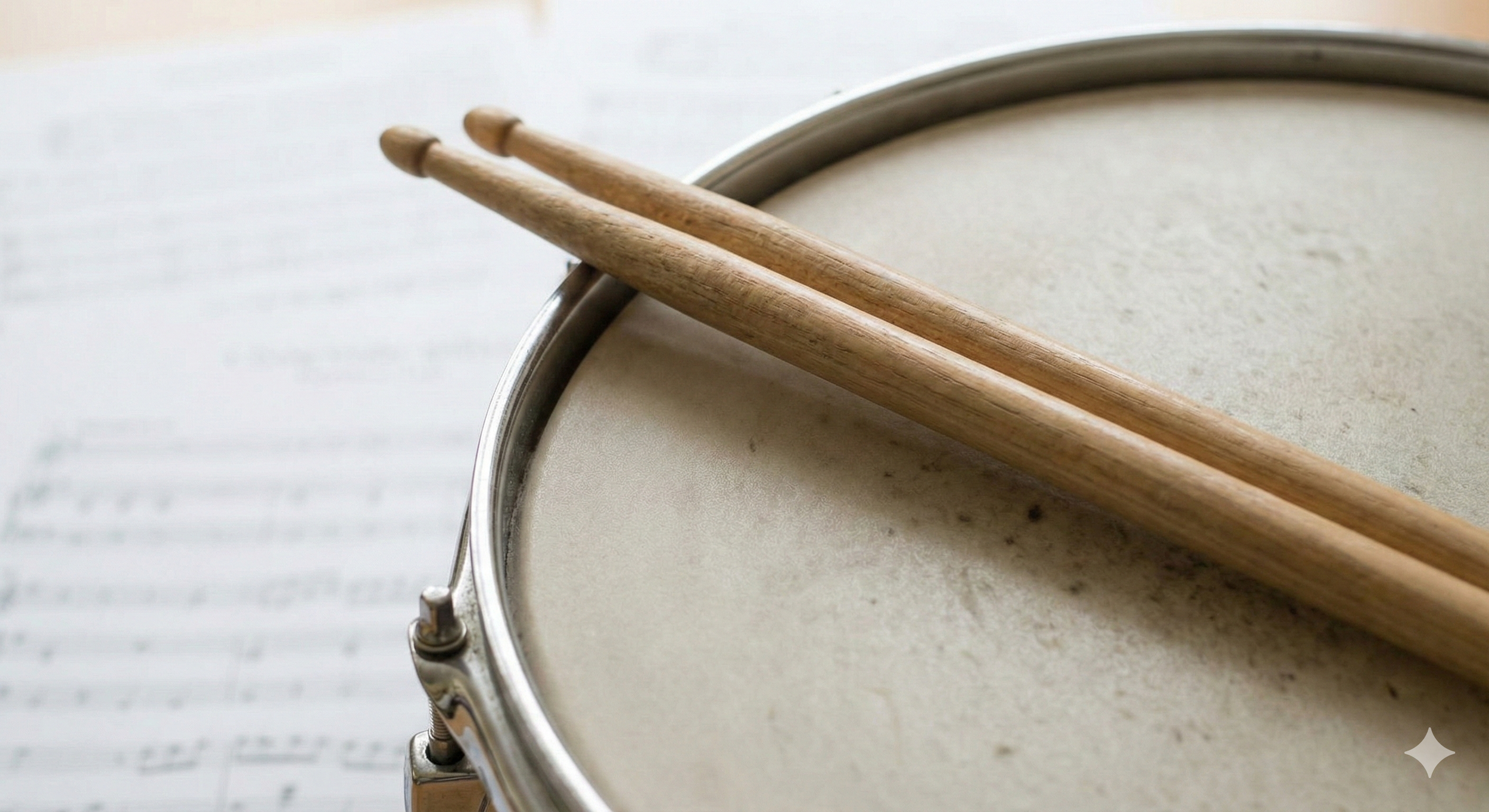 Eine Trommel mit Sticks liegt auf einem Notenblatt.
