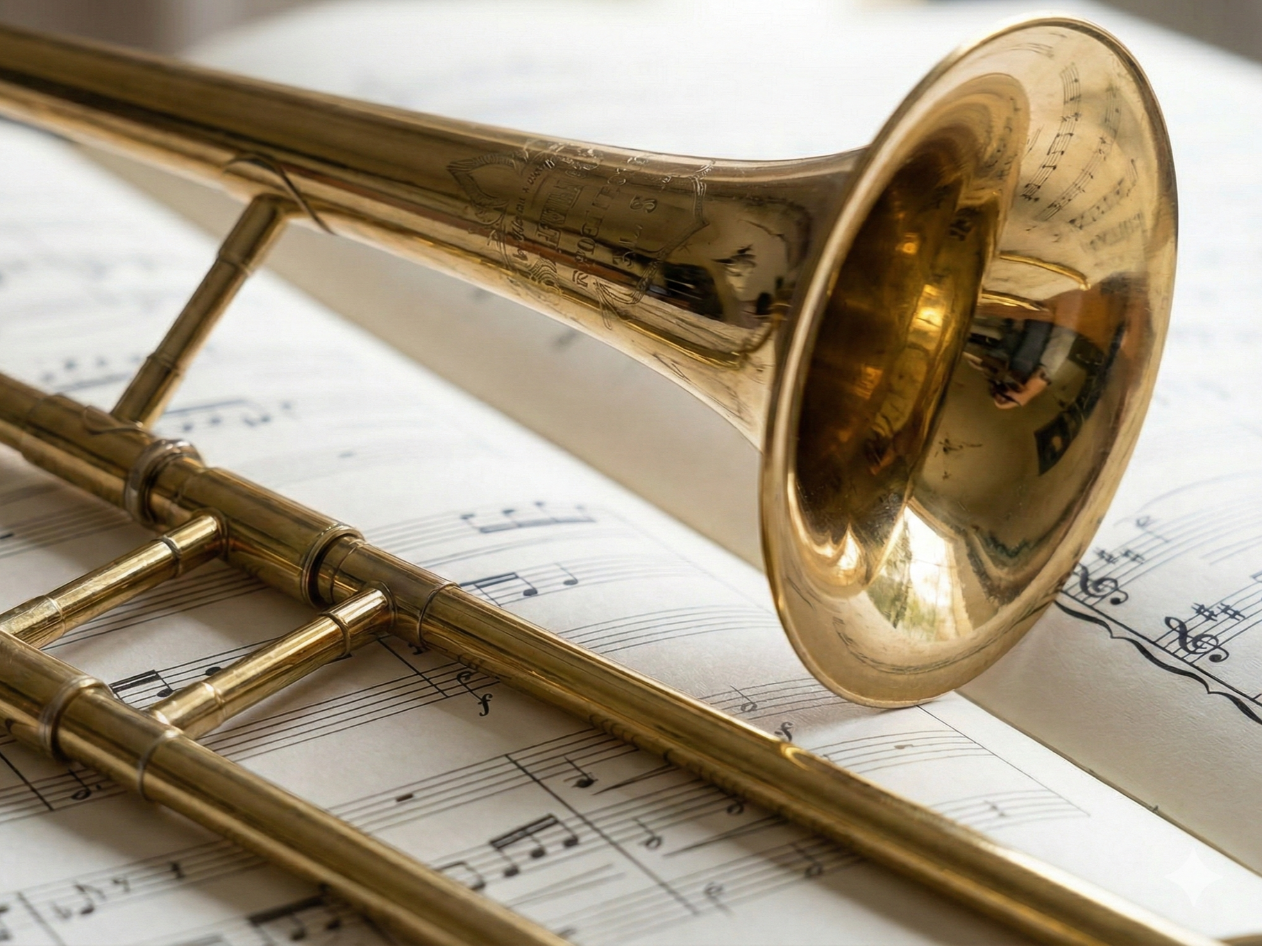 Eine goldene Trompete und ein Flügelhorn liegen auf einem Notenblatt mit Musikalischer Notation.