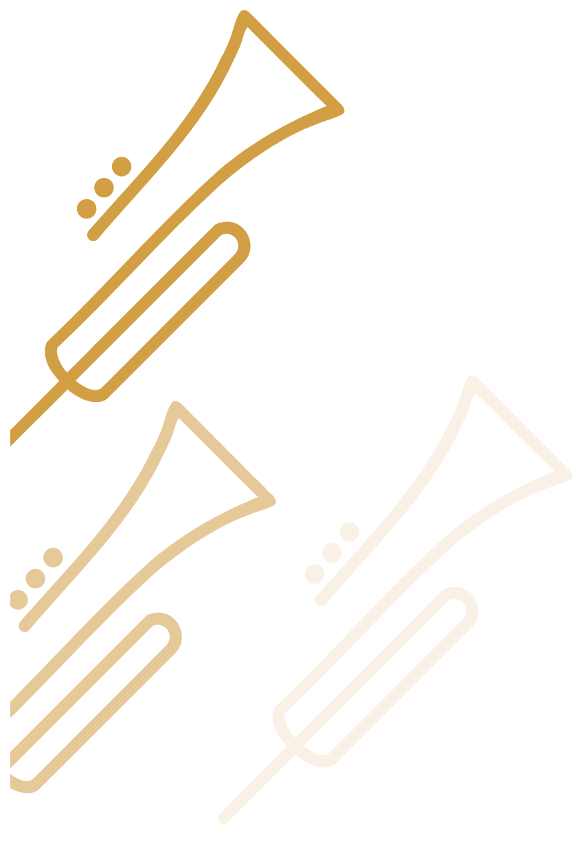 Zeichnung von vier Trompeten in Gold, Beige, Schwarz und Weiß.