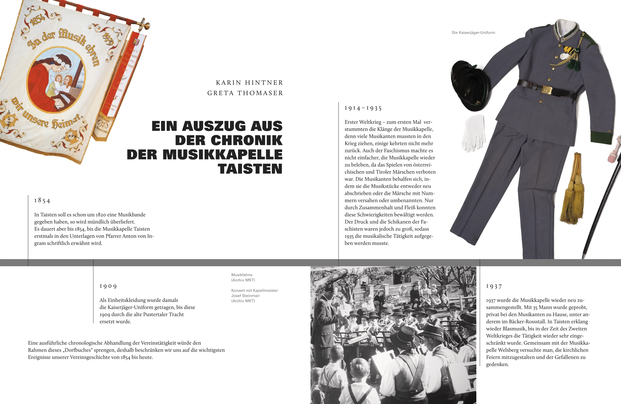 Bild eines Buchcovers und eines Inhalts in deutscher Sprache. Das Buch handelt von der Geschichte der Musikkapelle Taisten, mit Bildern von Musikern und Uniformen.