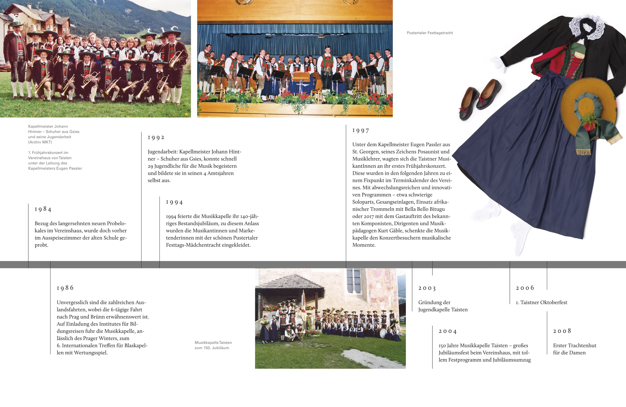 Historische Fotos und Kleidung der Taistner Musikgruppe, darunter eine Jugendgruppe, ein Konzert, Jubiläumsbild und Trachtenmode für Damen, sowie eine Einladung zu Festen und jährliche Veranstaltungen.