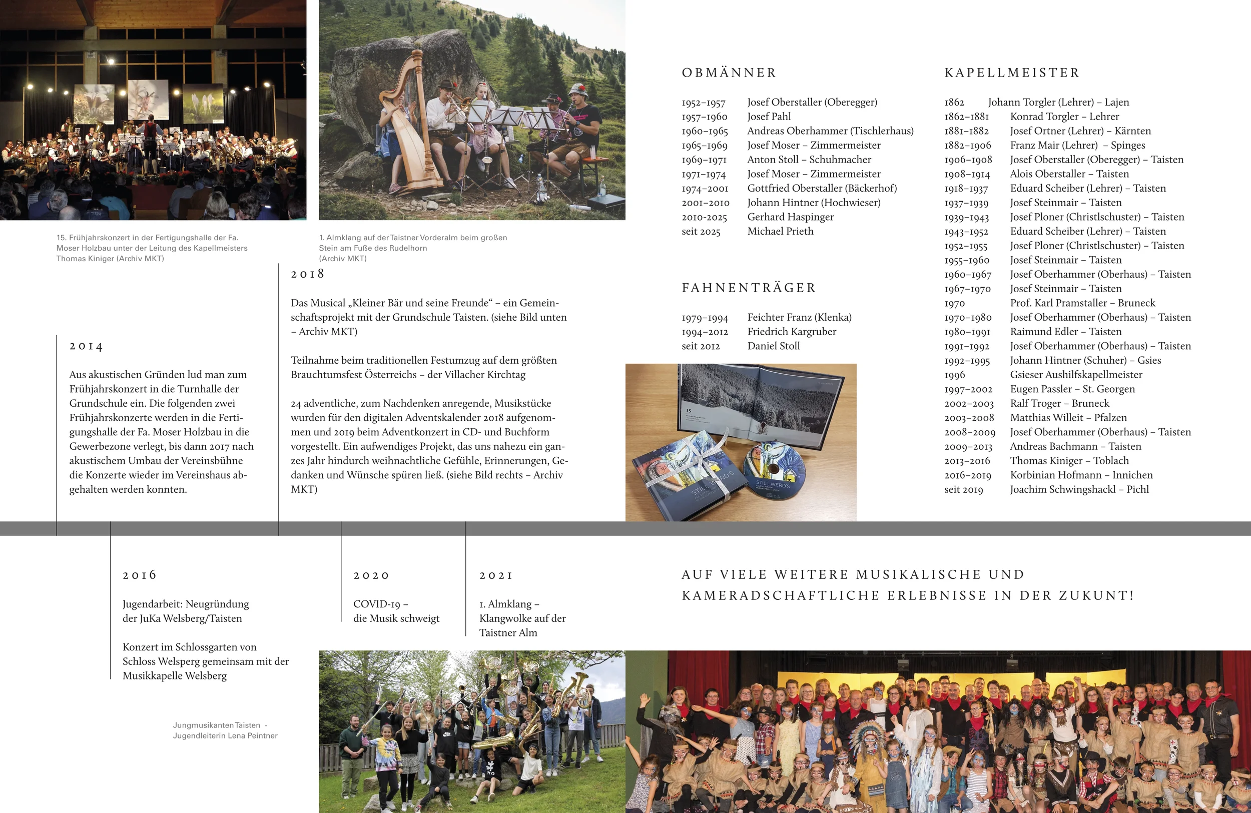 Eine Kombination von drei Fotos, die ein Musik- und Kulturprojekt dokumentieren. Das erste Foto zeigt ein Orchester auf einer Bühne bei einem Konzert, mit einem Publikum im Vordergrund. Das zweite Foto zeigt eine Gruppe von Musikern im Freien, die au