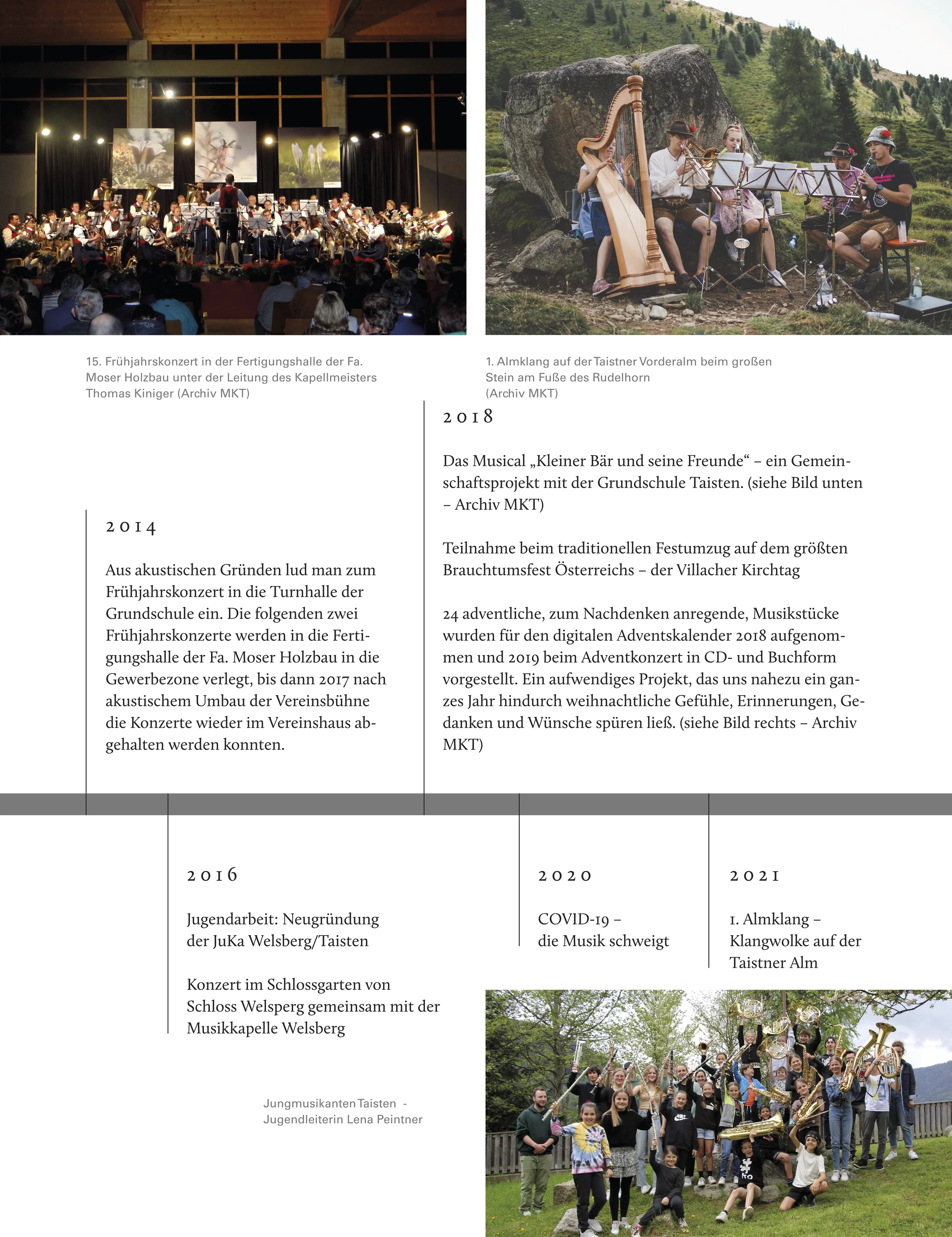 Gruppenszene mit einem Jugendorchester, das im Freien aufgestellt ist, ein Foto von einer Musikgruppe, die auf einer Wanderung in den Bergen spielt, und eine Gruppe junger Musiker, die im Freien posieren.