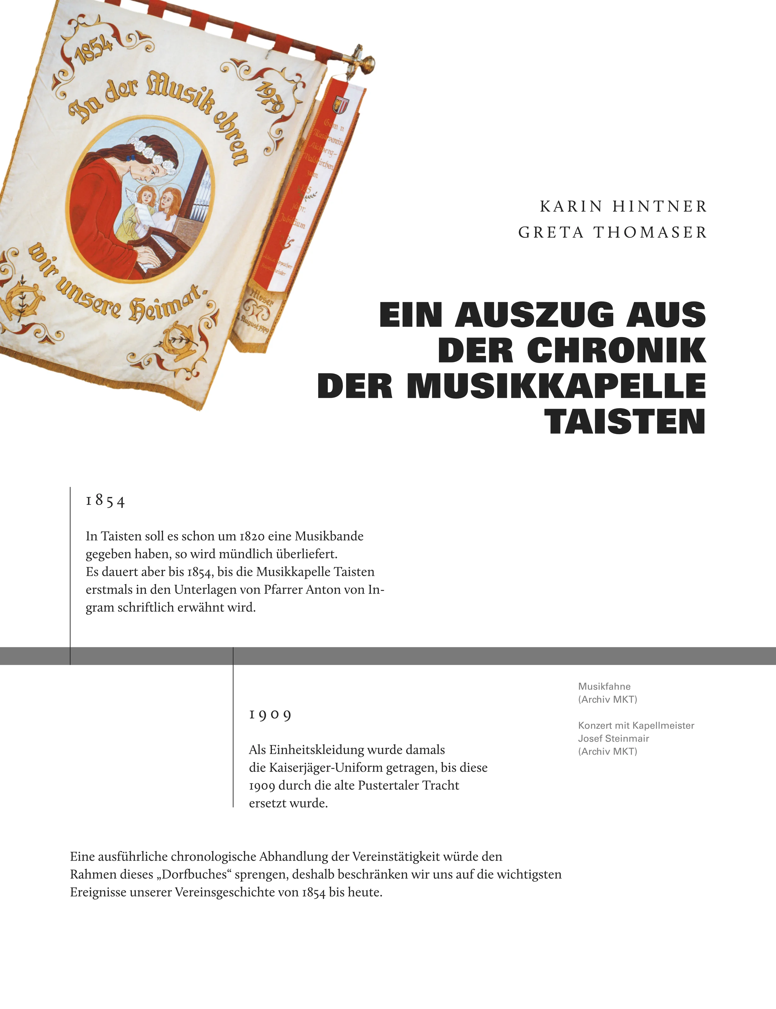 Buchcover und Textseite eines Buches über die Geschichte der Musikgruppe Taisten, mit einem Banner der Taisten-Musikkapelle und Text in Deutsch.
