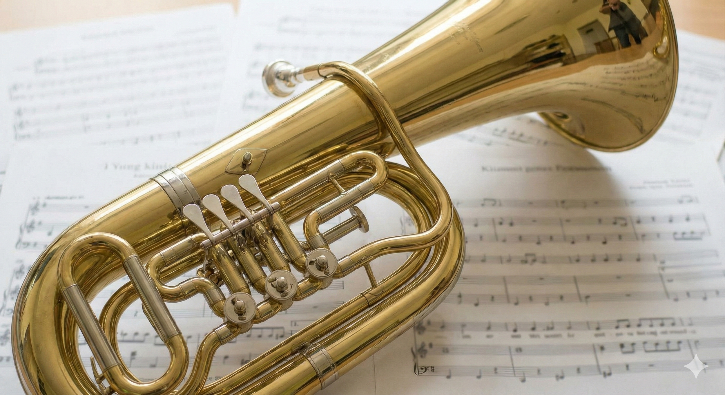 Ein goldener Klarinettensaxophon liegt auf einer Seite mit Notenblättern.
