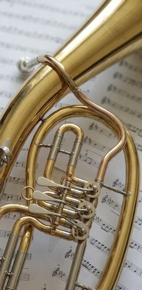 Musikinstrument mit Notenblatt im Hintergrund.