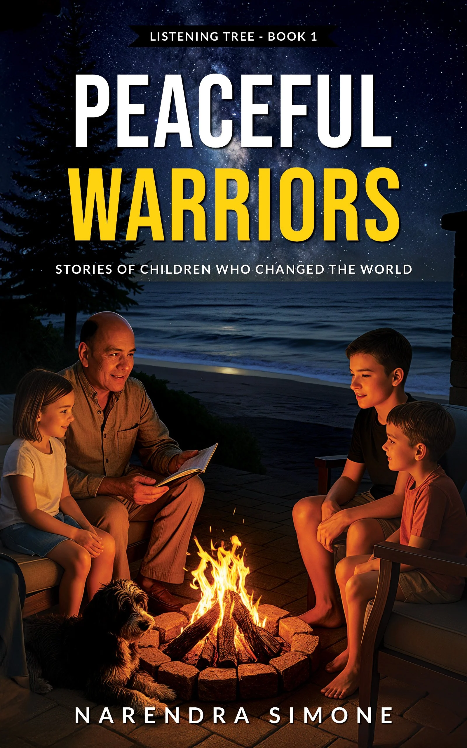 Cover of the book "Peaceful Warriors" by Narendra Simone. The cover features an illustration of a family sitting around a campfire on a porch by the beach at night, with a starry sky and the Milky Way in the background.