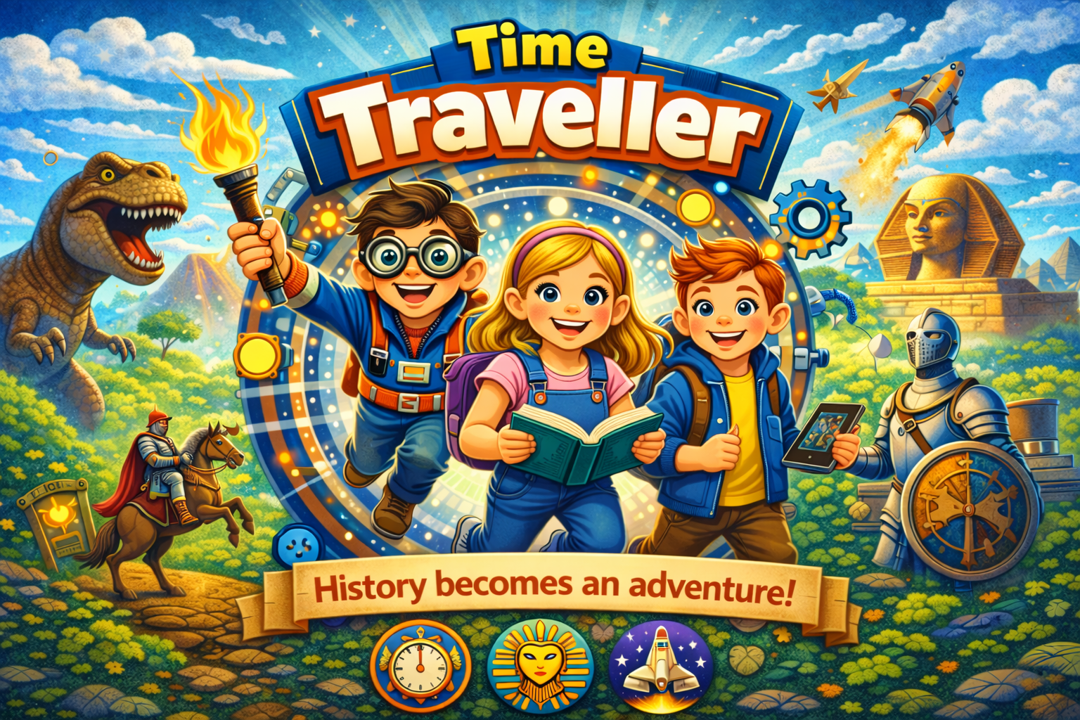 Colorful digital artwork for the game 'Time Traveller' featuring three children with backpacks, one holding a book, in a landscape with a dinosaur, knights, and ancient Egyptian monuments, and a spaceship in the sky. The banner text reads 'History becomes an adventure!' with icons of a clock, a lion mask, and a rocket at the bottom.