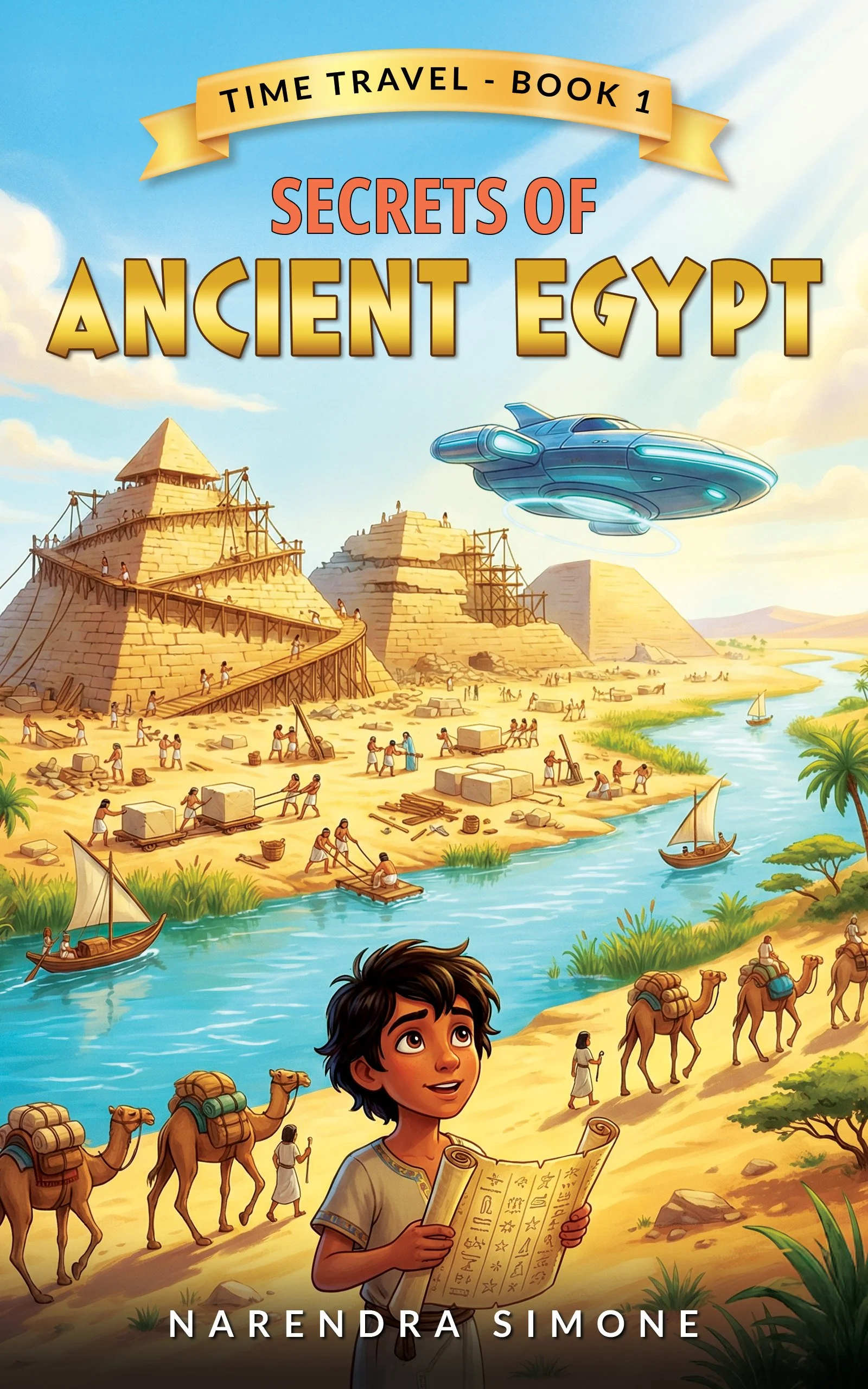 Book cover illustration titled 'Secrets of Ancient Egypt,' featuring a young boy holding an ancient scroll in the foreground, with pyramids, a river, boats, and camels in ancient Egypt setting, and a futuristic flying spaceship in the sky.